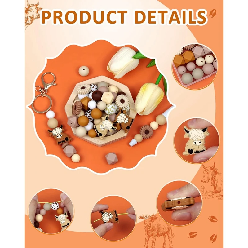 

76PCS Cow Silicone Beads-Animal Shaped,Brown & White Cow Beads HOT SALE