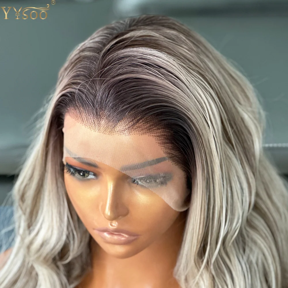 YYsoo Short 13x4 Futura Synthetic Lace Front Wigs Natural Hairline Ombre Highlights Water Wave Half Hand Tied Wig Dark Roots