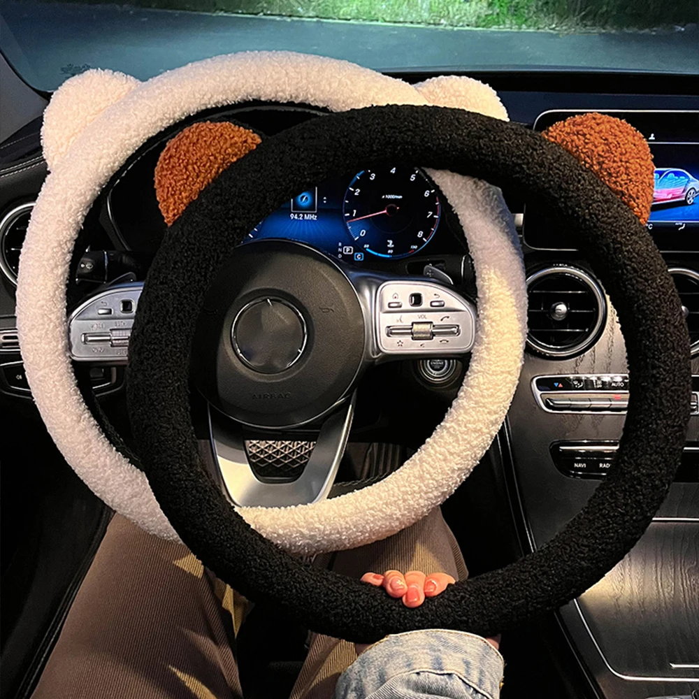 

Plush Car Steering Wheel Cover WInter Warm Soft Plush Cartoon Bear Ear Car Interior Accessories 38cm Car Steering Wheel Cover