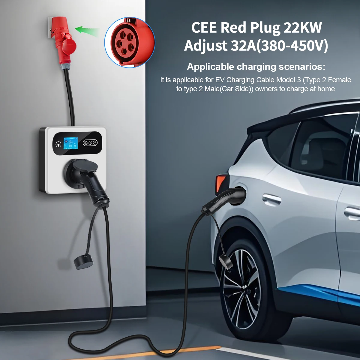 Isigma EV-Ladestation 32 A 22 kW mit Buchse Typ 2-Buchse Home Charge Connect mit EV-Ladekabel Elektrofahrzeug Autos – Detail 1