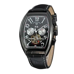 Fashion Forsining Top Brand Barrel Shaped Dial Tourbillon Double 3 Eyes With Calendar Men's Automatic Mechanical Leather Watch