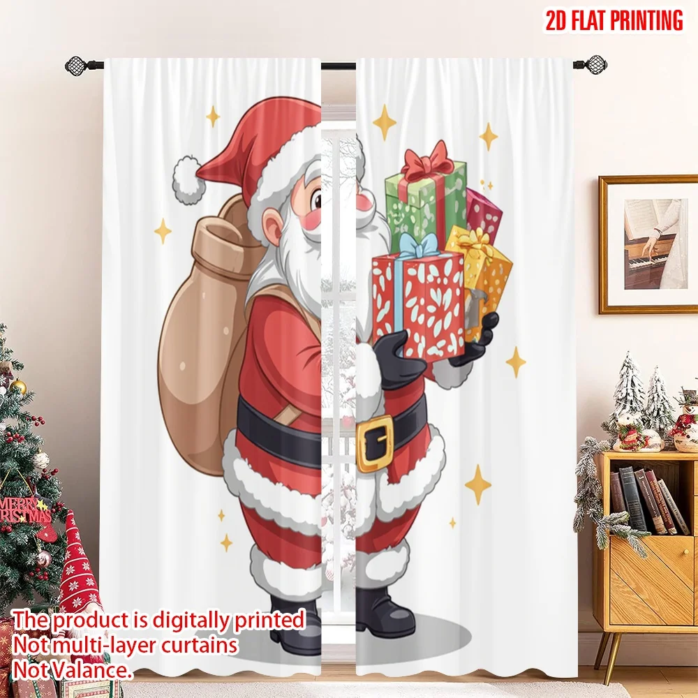 

2pcs 2D flat printing Christmas Curtain Cute Santa Claus Gift Fabric Without Electricity Holiday Decorations Use for Holiday