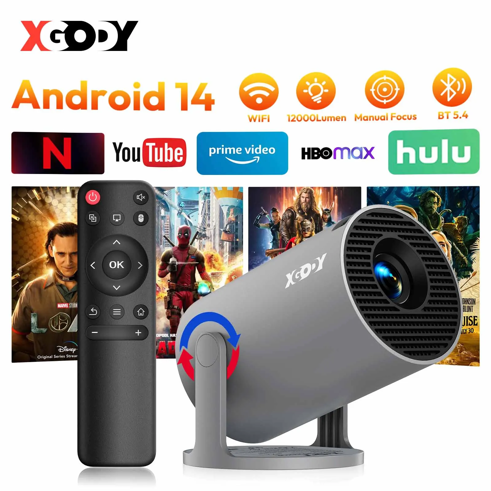 XGODY Proiettore 4K 260 ANSI Mini proiettori portatili a tiro corto Proiettore Android nativo 720P Dual Wifi6 BT5.4 Home Theater
