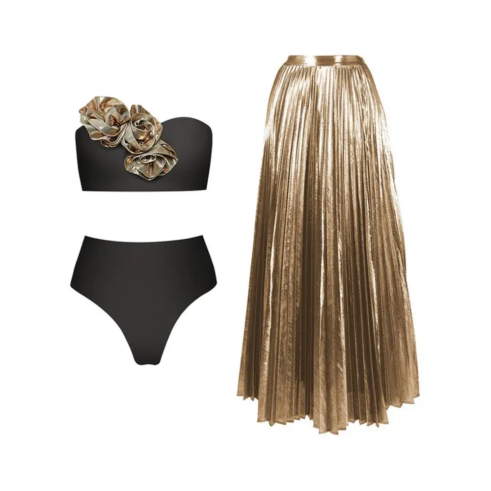 Bikini dorado con flores en 3D para mujer, bañador Sexy de cintura alta sin tirantes, traje de baño de dos piezas, color negro o blanco