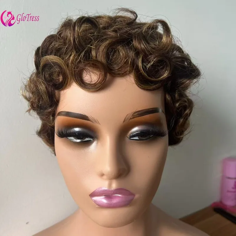 

Короткие P427 вьющиеся парики с стрижкой пикси для женщин 150% Плотность 6 дюймов Выделите человеческие волосы Волнистые парики Боб Бразильские волосы Remy