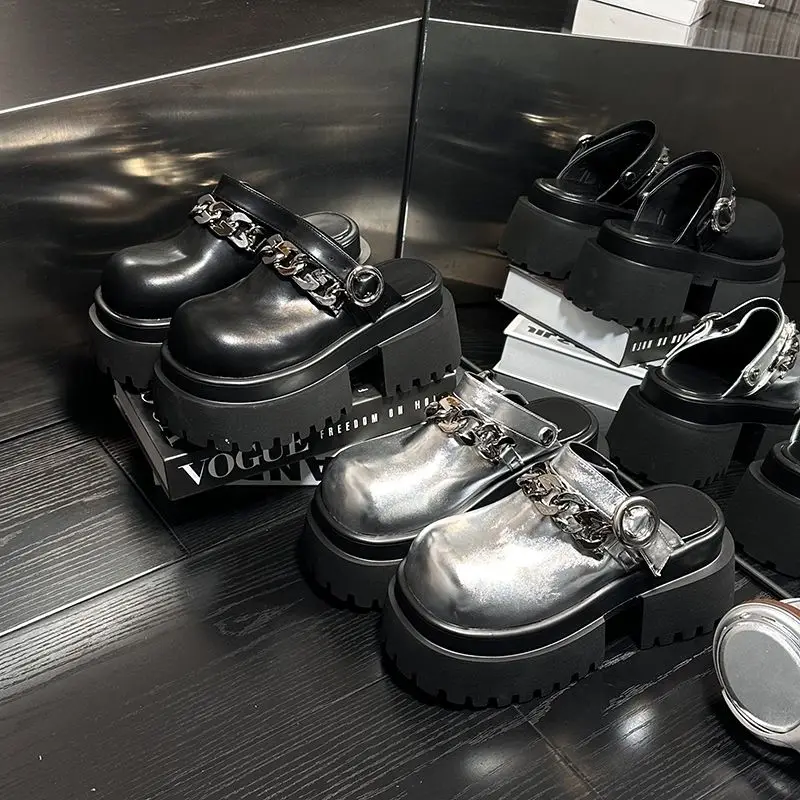 

Women's Metal Chain Buckle Strap Closed Toe Platform Mule Clogs Slip on Punk Vintage Daily Outdoor Casual Footwear Drop Shipping
