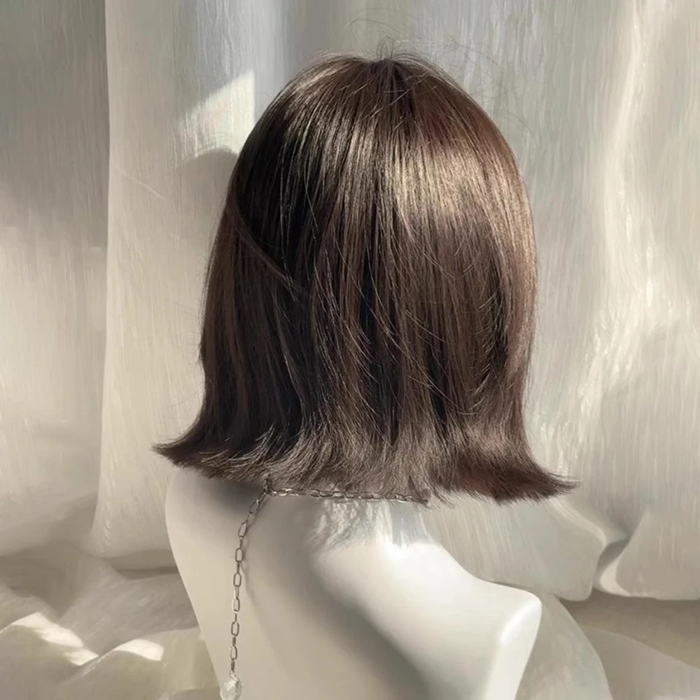 الاصطناعية قصيرة متموجة شعر مستعار أسود بني مع الانفجارات رقيق المرأة لوليتا شعر مستعار تأثيري مقاومة للحرارة للحزب اليومي #2