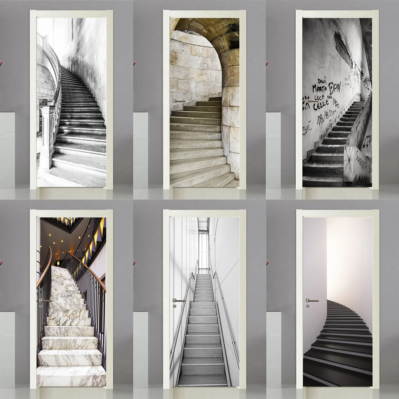 Door Stickers Adhesive  Black and White Art View Posters Wallpaper for Living Room DIY Full Door Mural Cover Art Poster Home