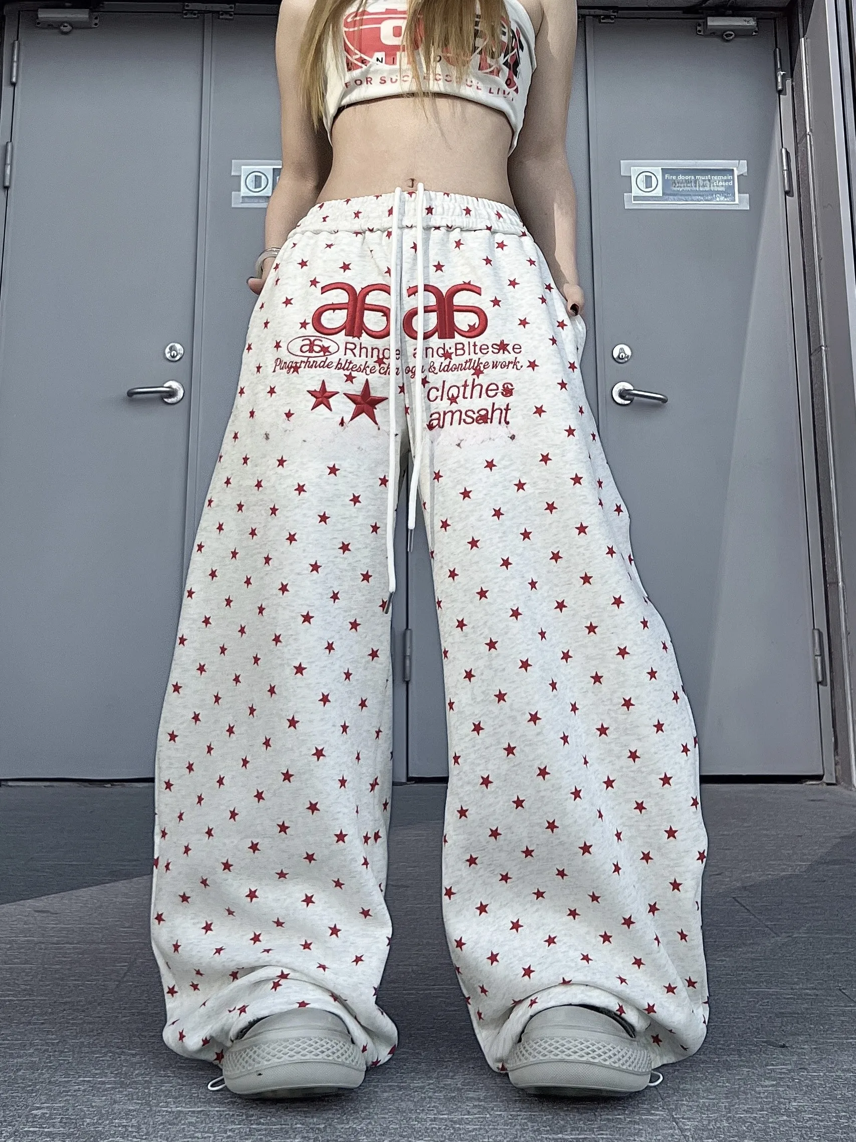 

American Sle Loose Fit Casual Pants with Embroidered Stars And Letters Bruift Drapey Wide Leg Trousers for Men