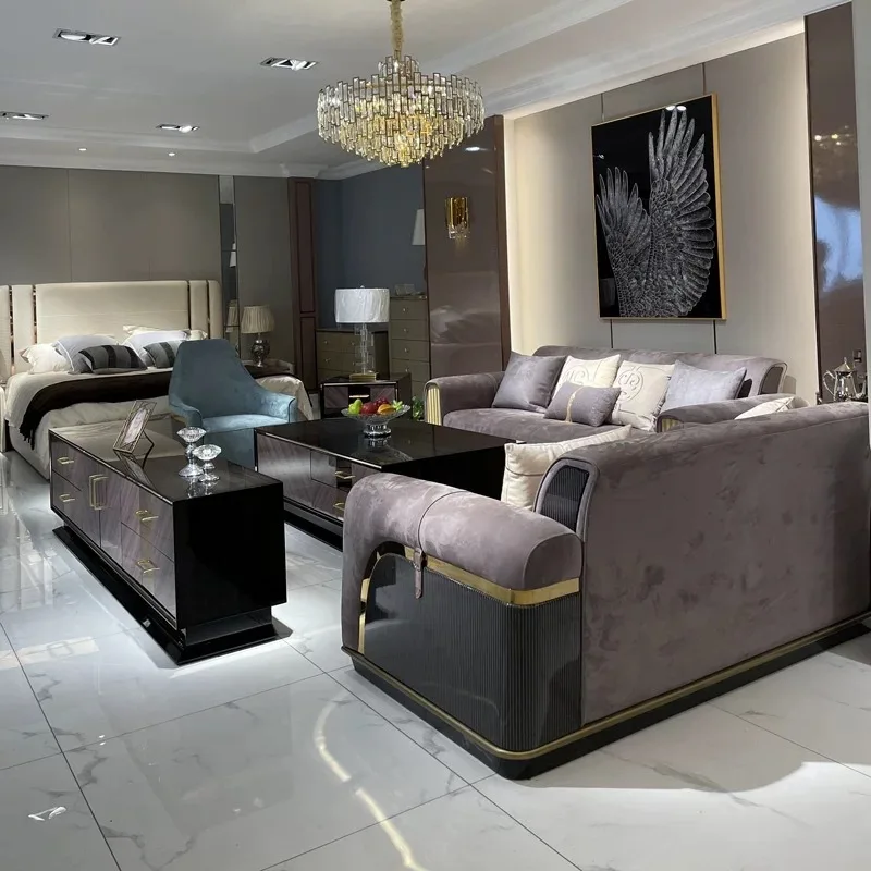 Italian minimalist light luxury frosted leather sofa postmodern high-end villa model house whole house furniture