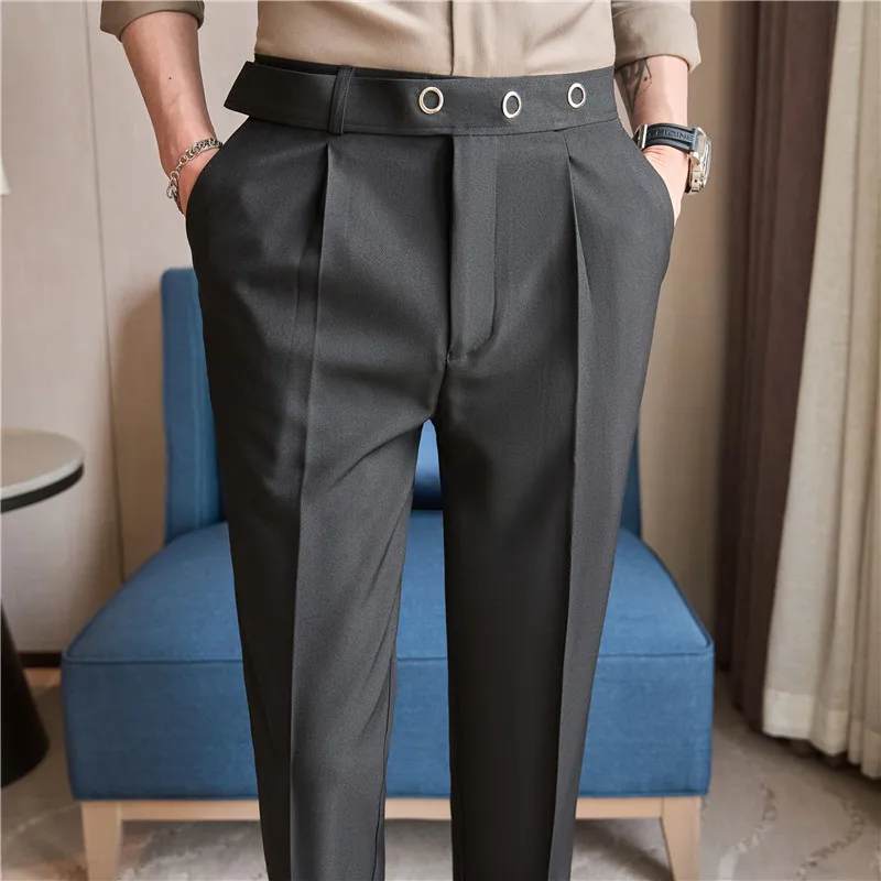 2024 Spring Men Belt Metal Decorative Western Pants Business Leisure Fashion Korean Edition Straight Leg High Grade Hombre Pants