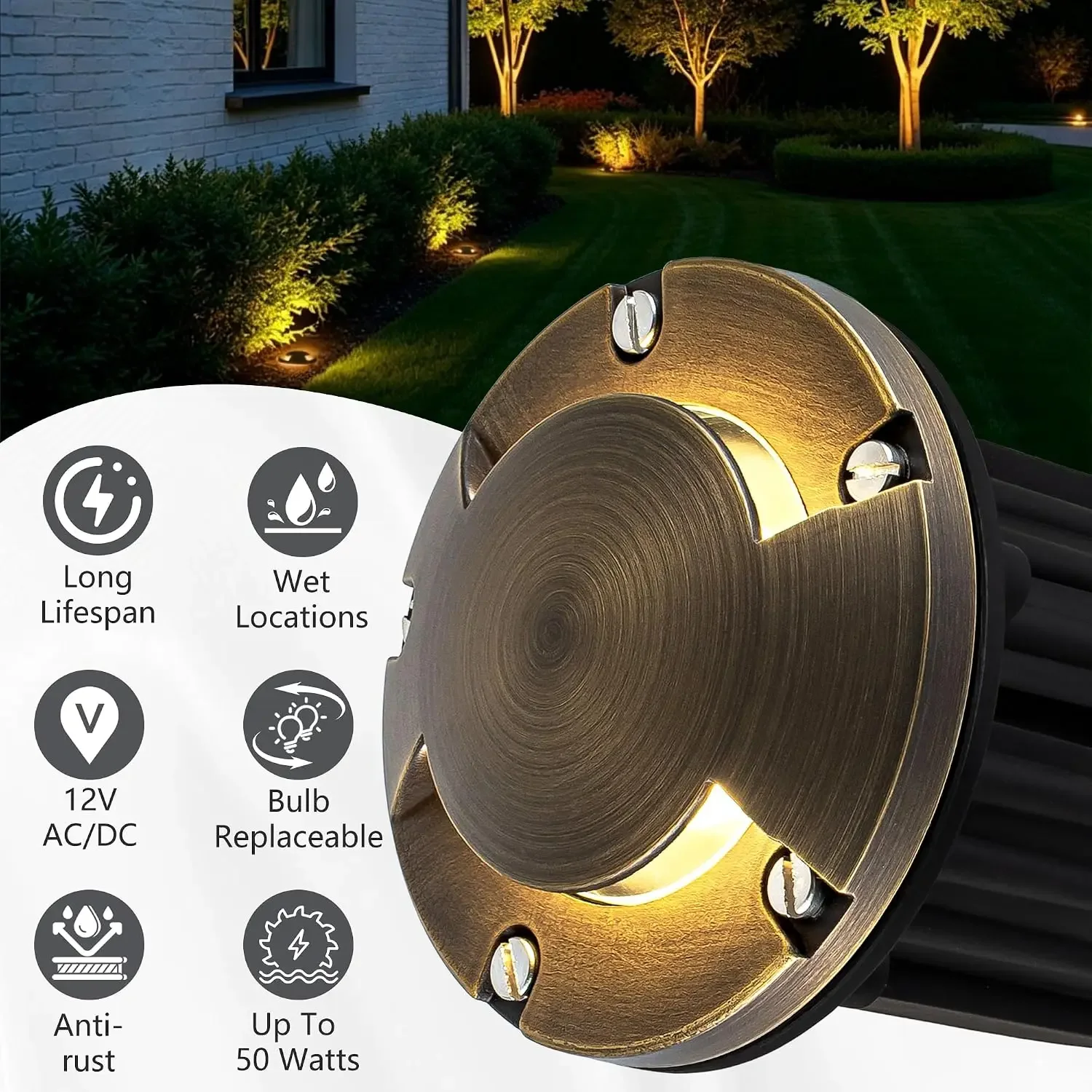 Brass Low Voltage Well Lights Landscape LED In Ground Lights Landscape Lighting 12V Outdoor up Lights for Deck and Garden, Pathw