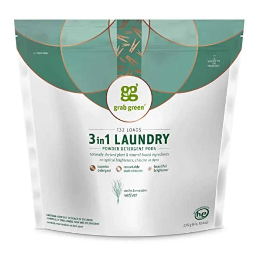 

Grab Green 3-in-1 Laundry Detergent Pods, Scent, Plant and Mineral Based, erior Cleaning Power, Stain Remover, Brightens Clothe