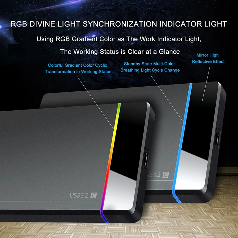 

2.5 inch Type-C Tool Free Installation Portable Hard Drive Box RGB Cold Indicator Light Suitable For Computers Mobile Phones Etc