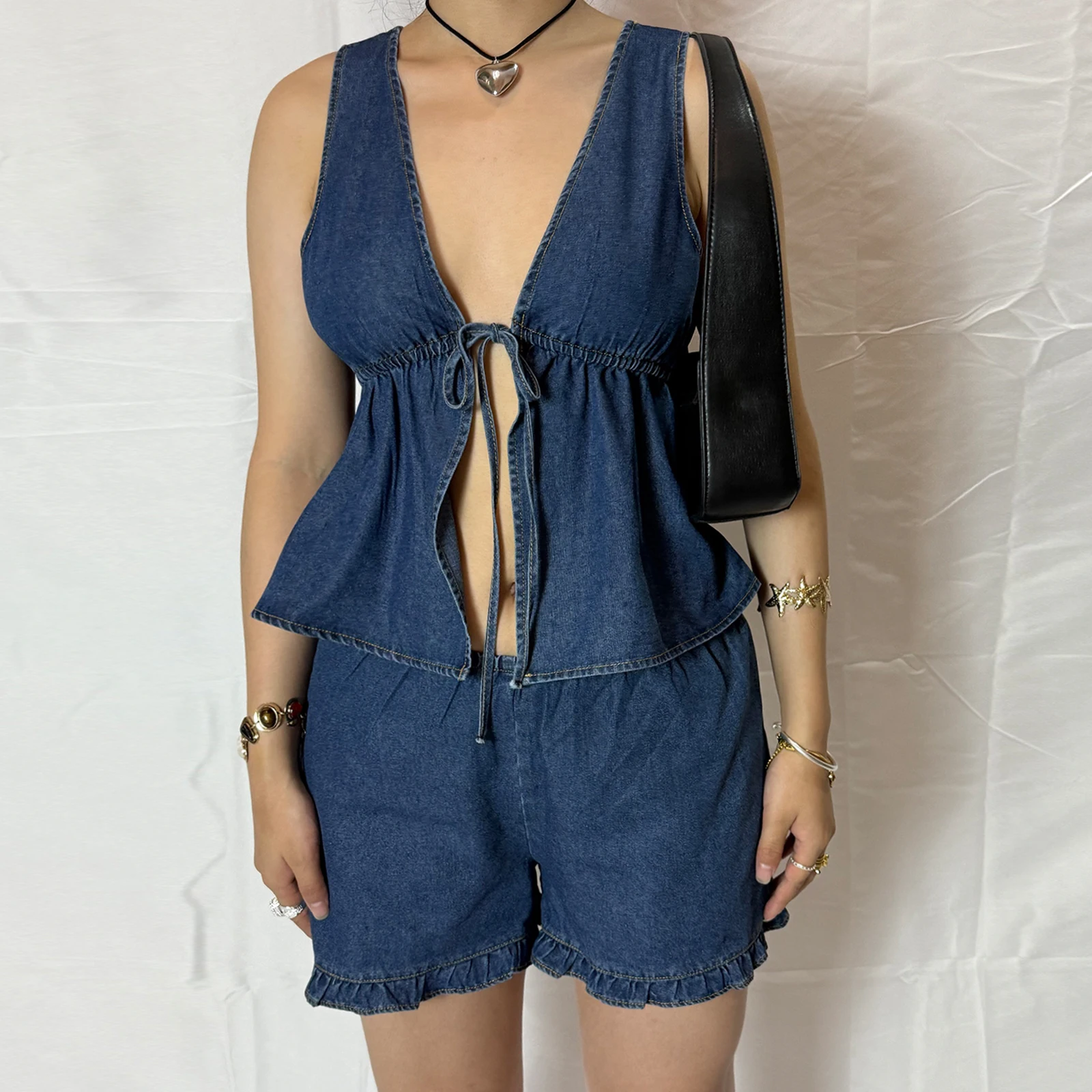 

Streetwear Women Denim Outfit Solid Deep V Neck Tie Front Tank Tops Elastic Waist Ruffle Shorts 2 Piece Summer Set