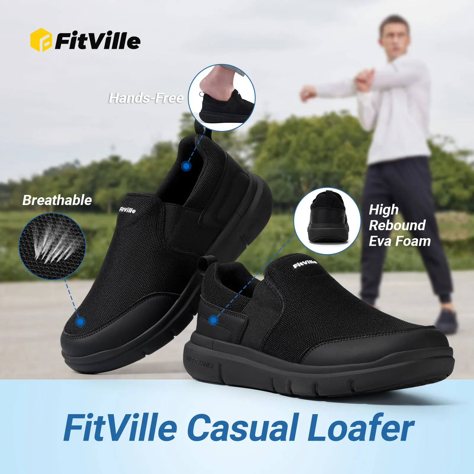 Fitville Men's Loafers Slip-On Widened Casual Lightweight Breathable For Swollen Feet Plantar Fasciitis Relieve Foot Pain