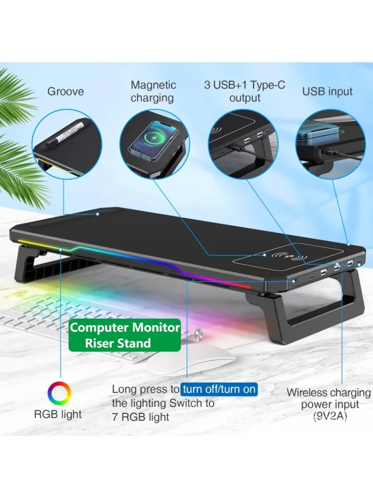 Bezprzewodowa ładowarka komputerowa ze światłem RGB Stojak na monitor Stacja dokująca biurowa Wielofunkcyjny składany organizer na biurko — zdjęcie produktu 7