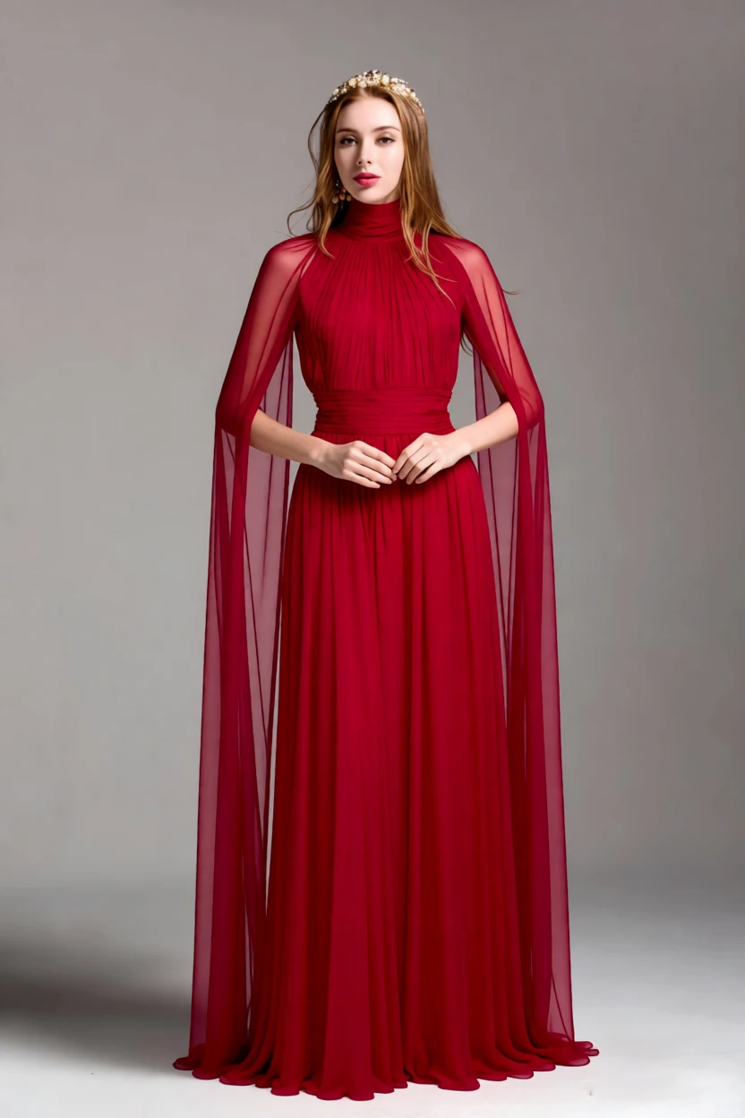 Red High Neck Cape Maxi Dress for Women - Elegant Floor Length Gown with Pleated Bodice & Sheer Long Sleeves Prom Vestidos
