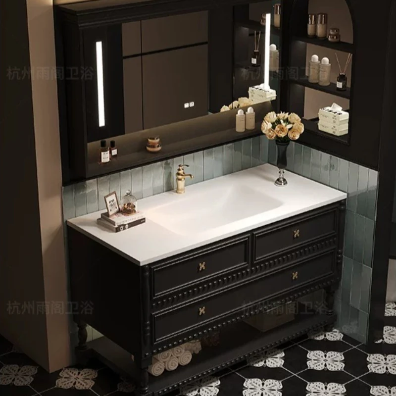 Retro French Bathroom Cabinet Black Solid Wood Vanity Marble Countertop Drawer Storage & Decorative Floral Top Trim LED Mirror