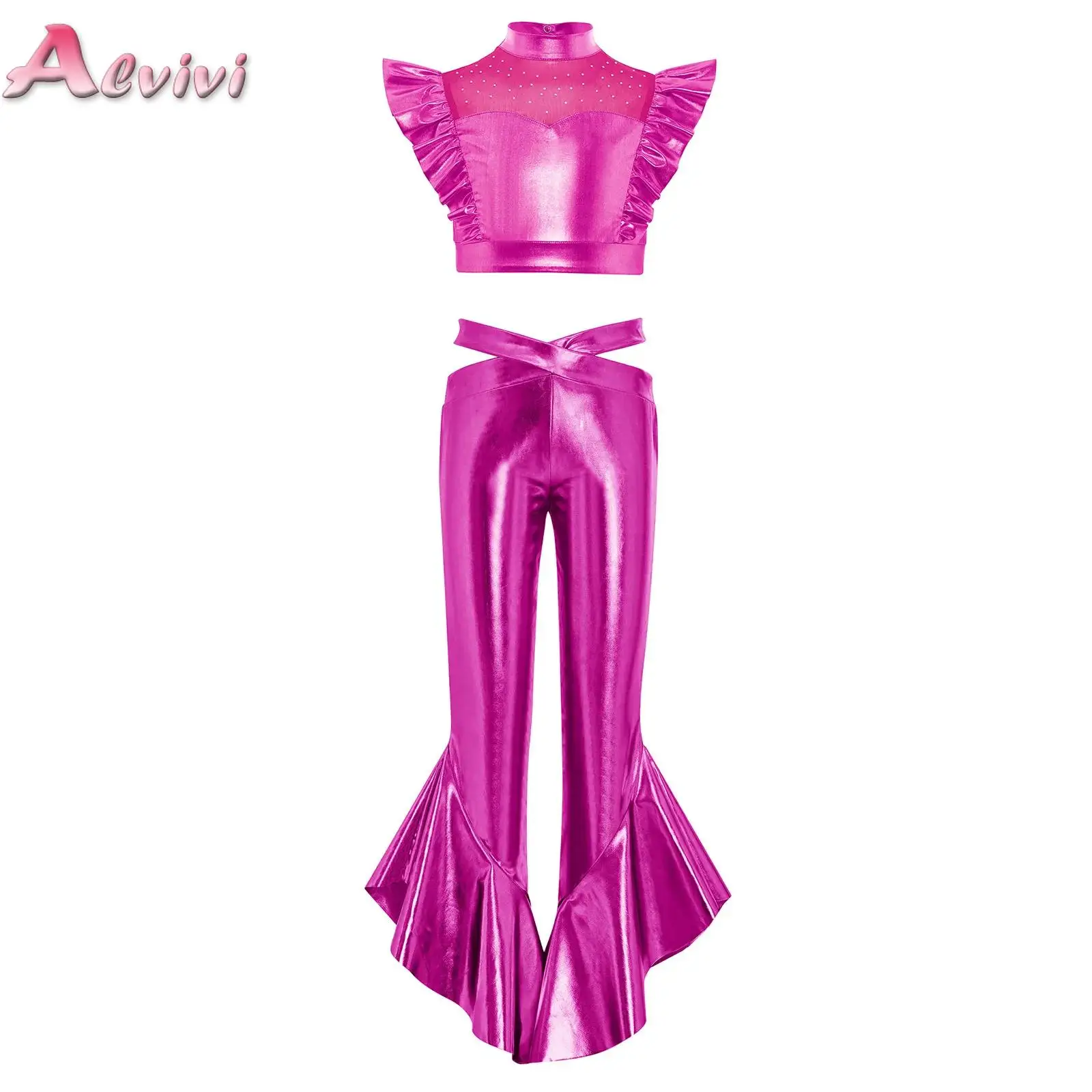 

Kids Girls Clothes Set Sleeveless Mesh Metallic Crop Top with Ruffles Flared Pants Jazz Hip Hop Disco Dance Performance Outfits