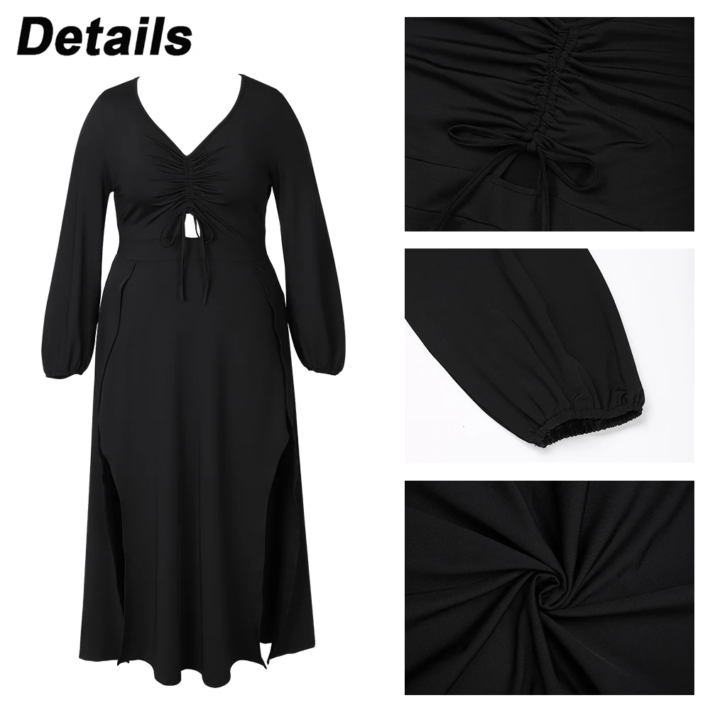 Women Plus Size Elegant Long Evening Dress 2024 Long-sleeved Hollow Out A-line Dress Drawstring High Slit Sexy V-Neck Vestidos