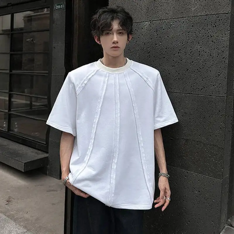Pit Strip Men's Solid Color Tees O-neck Korean Style Short Sleeve Casual Shoulder Pads Loose Pullover Male T-shirts 9WLXIN