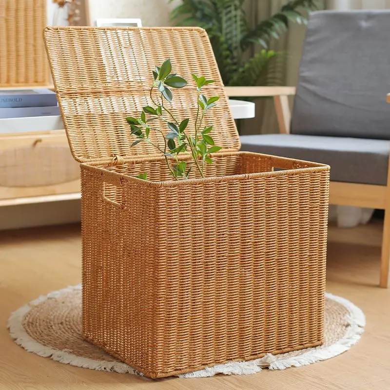 

Imitation wicker rattan basket box with cover Clothing toys cabinet high picnic fruit laundry organizer storage bycicle basket