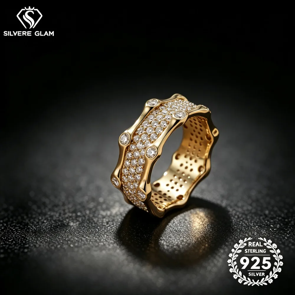 925 Sterling Silver Bamboo Shape Pave Moissanite Ring D VVS1 Multi Stone Wide Band Statement Stackable Fine Jewelry For Women