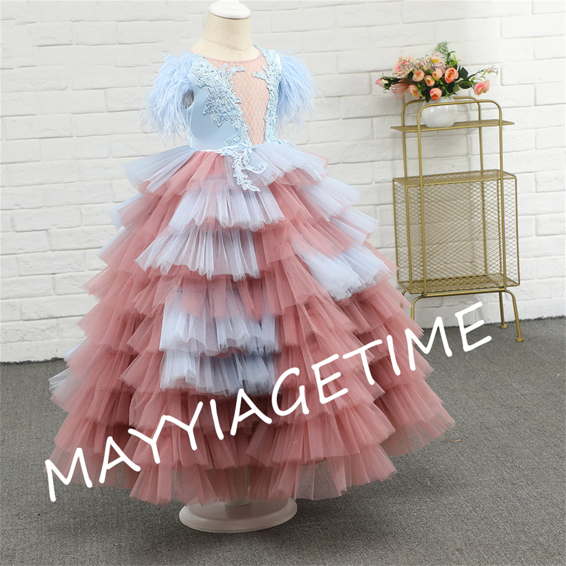 Kid Pretty Layers Multi Color Tiered Flower Girl Dresses Floral Appliques Ruffles Girl Wedding Dress Aline Girl Princess Dresses