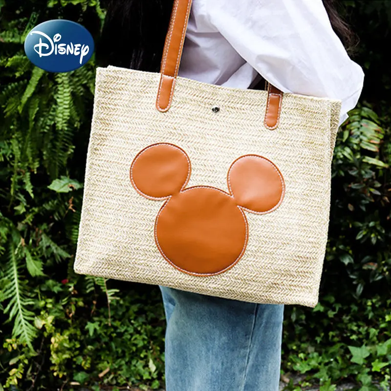 Disney Mickey Original New Woven Bag Luxury Brand Women's Handbag Cartoon Cute Women's Shoulder Bag Fashion Large Capacity