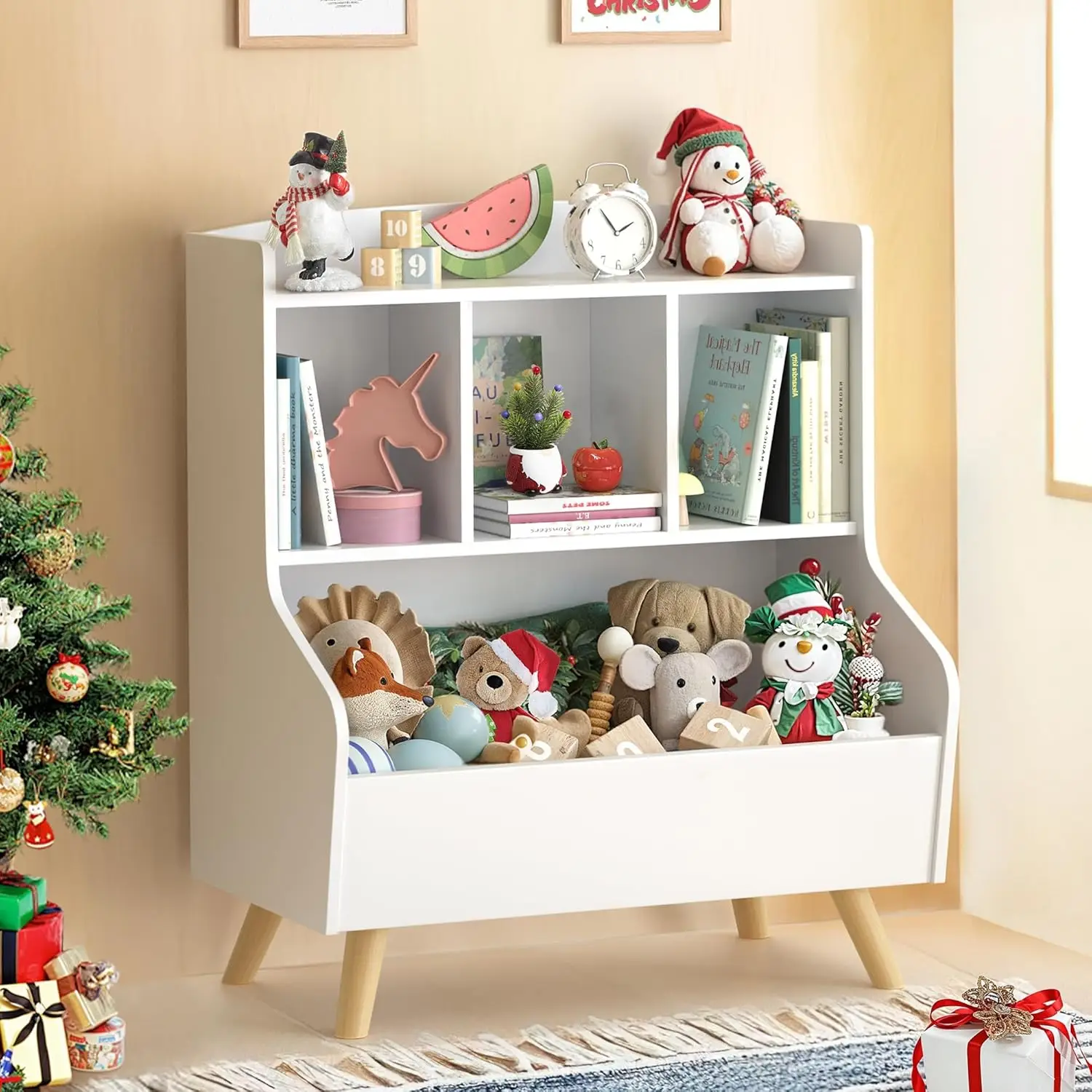 

3-Tier Wooden Kids Bookshelf Toy Storage Organizer with Spacious Top Shelf, White