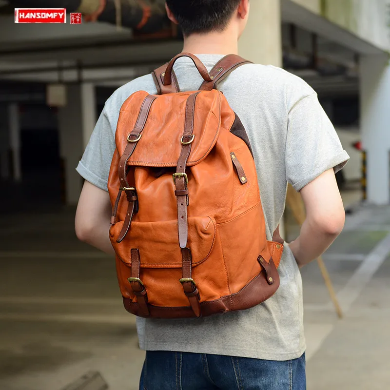 

Men's Backpack Men Retro Leather Large Capacity Travel Backpacks Male Paratrooper Bag Original Imported Vegetable Tanned Leather