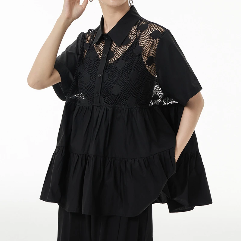 Blusa de costura de renda oca estilo preto feminina, camisa de manga curta, nicho fino e solto, linha A elegante, verão, 2023