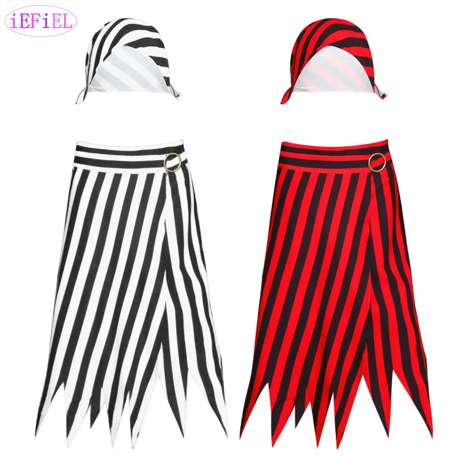 

Womens Mens Halloween Pirate Striped Costumes Set Head Scarf Hat Asymmetrical Trim Skirt with Self-tie Belt 2-piece Set