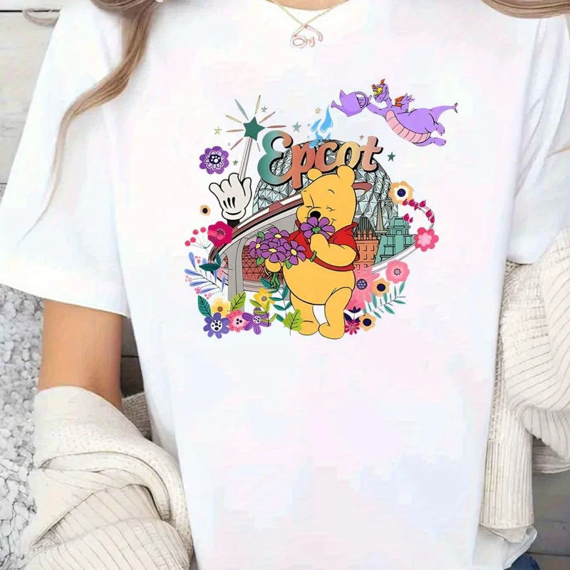 2025 nova disney autorizada feliz winnie padrão impresso camiseta feminina solta redonda casual topo com fragrância floral