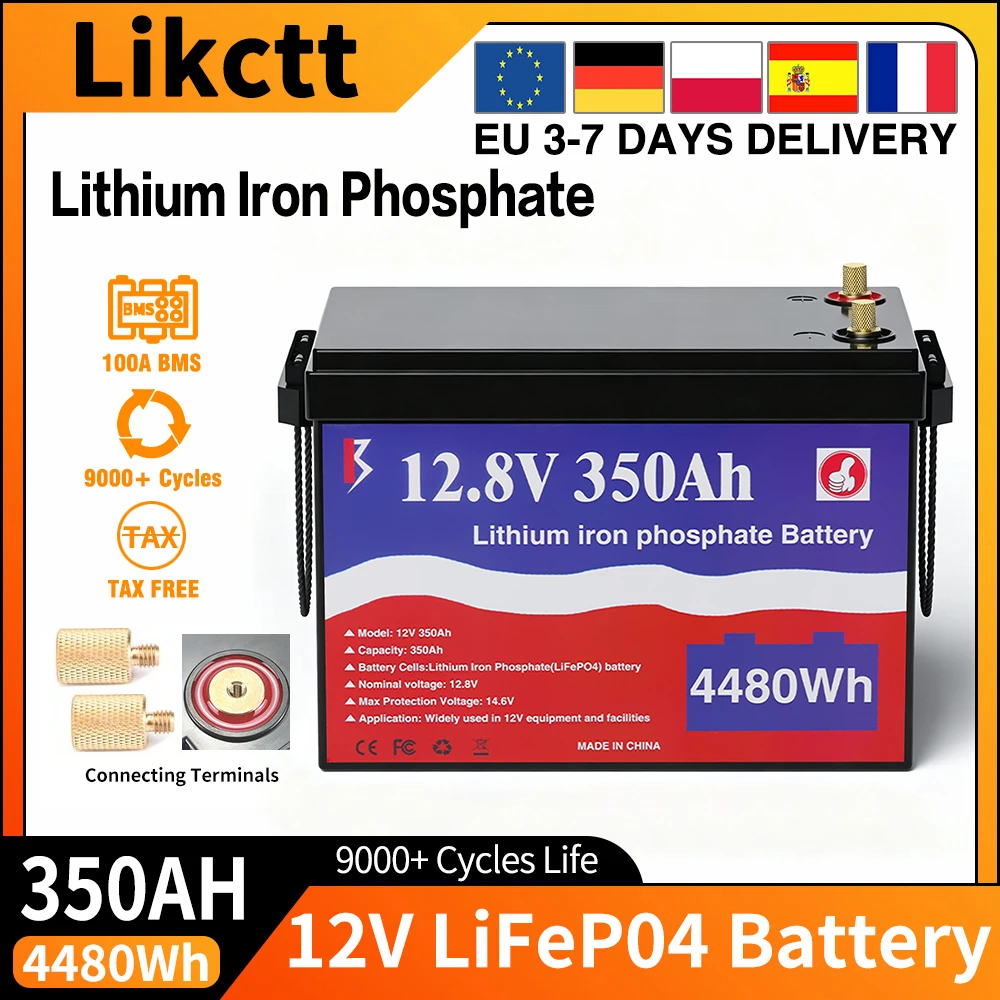 12V 200Ah 350Ah Lifepo4 Lithium Batterij met 100A BMS, 9000+ cycli voor camper, off-road, off-grid, visboten, zonne-energiesysteem batterij
