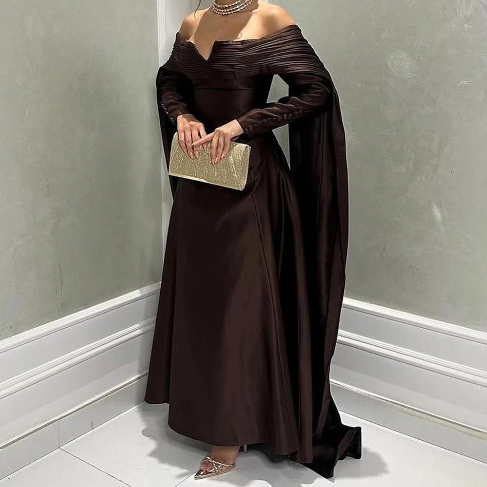 

Customized Classic A-Line Ankle Length Strapless Jersey Long Sleeves Buttons Pleats Evening Dress Fashion vestidos par