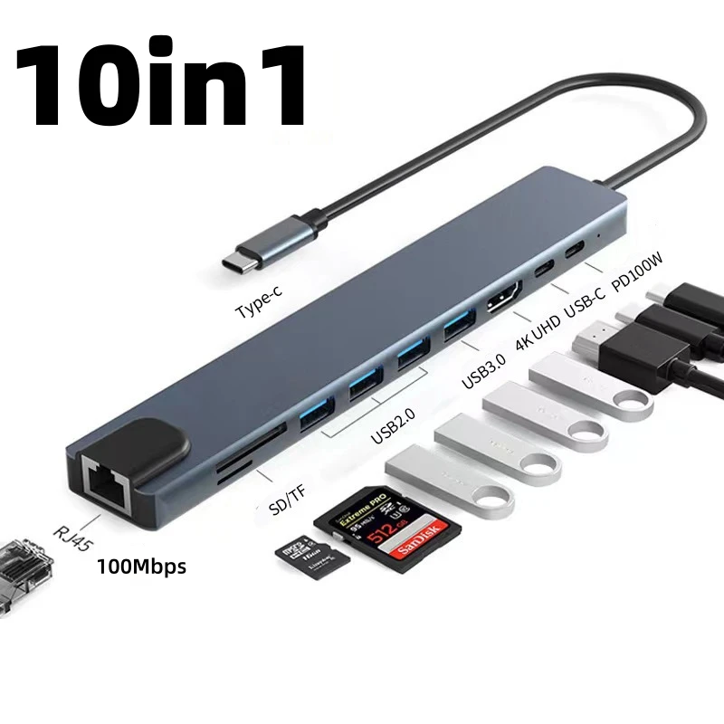 

USB C Thunderbolt3/4 to 4K@30Hz HDMI-compatible Display 100Mbps Ethernet Multi-port USB Hub Splitter with PD for Laptop Docking