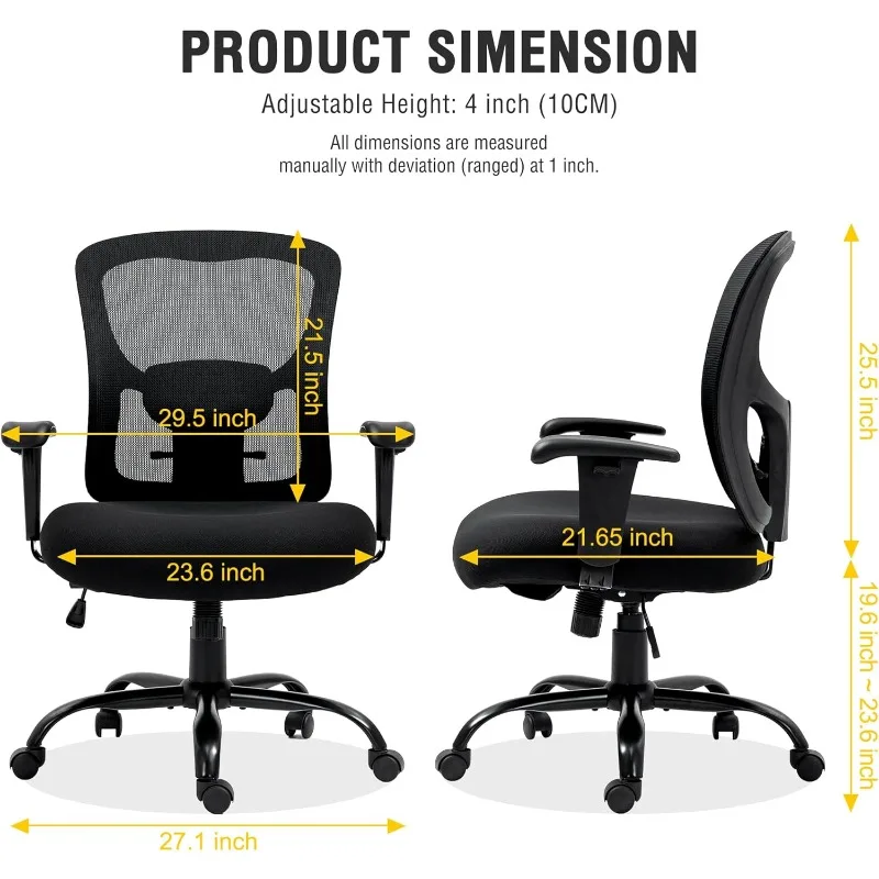 Big And Tall Office Chair 500LBS Ergonomic Mesh Desk Chair With Adjustable Lumbar Support Arms Wide Seat Task Executive