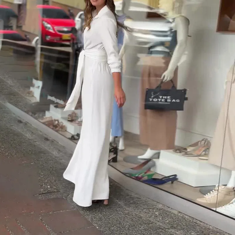 Fashion Lace-up Jumpsuit Autumn Office Ladies Turn Down Collar Solid Color Women Clothing Casual Commuting Style Female Clothes