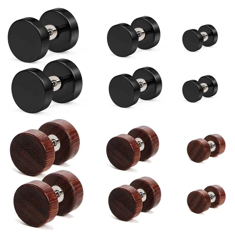 3/6 Pairs Stainless Steel Stud Earrings 16G Wood Disc Barbell Style (Black/Brown) – Piercing Jewelry 8-12mm