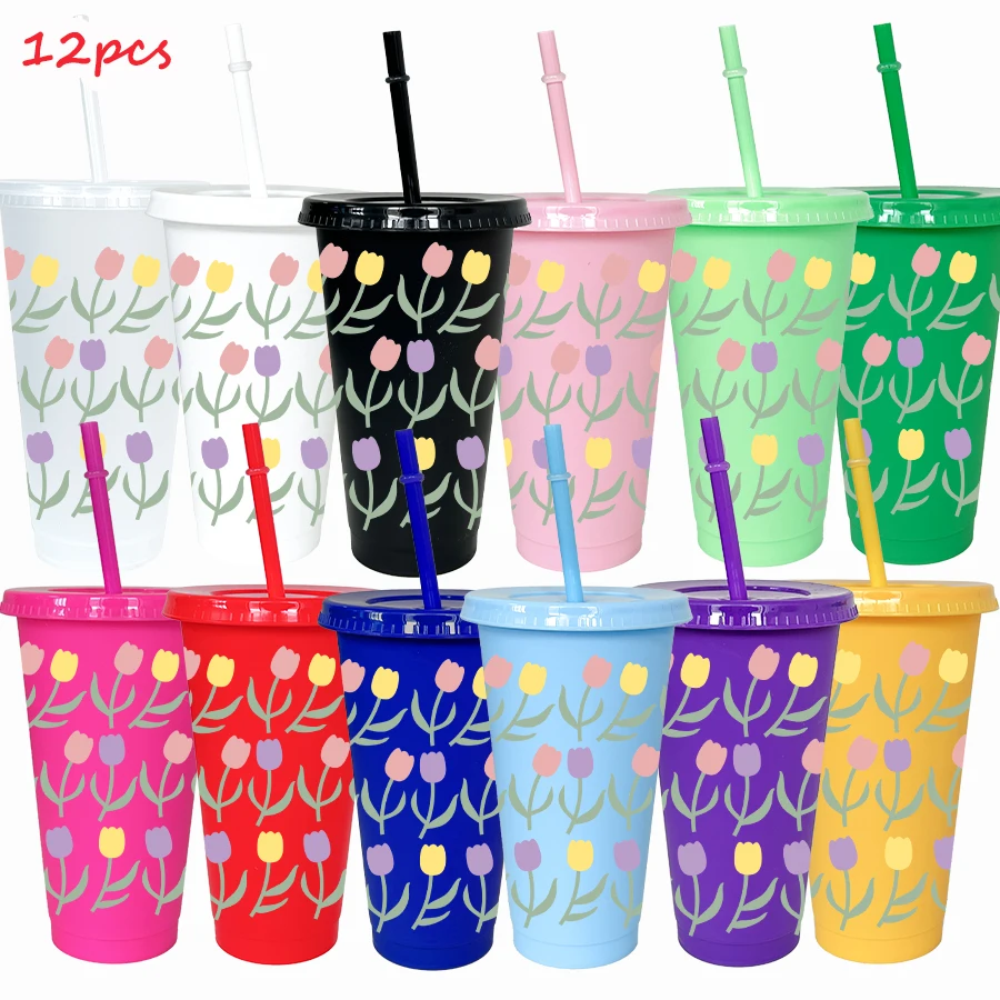 12Pcs/pack Tulip Patterns 780ml/26oz Plastic Tumbler Wedding Cold Cup Birthday Party Drinkware for Back-to-school Gifts view 4