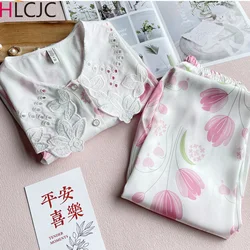 Summer Ice Silk Satin Women's Pajamas Set Turn Down Collar Short Sleeve Sleepwear Sweet Flowers Thin Pyjamas 2 Pieces Nightwear