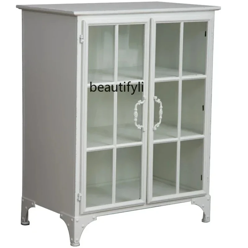 

Asmt52 French white wrought iron sheet glass storage display side cabinet living room sofa storage corner cabinet