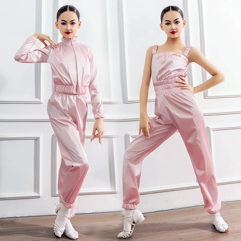 Kid Latin Dance Training Outfit Pink Strappy Square Neck Jumpsuit Long Sleeve Crop Jacket Kid Dancer Daily Practice Wear VBH3044