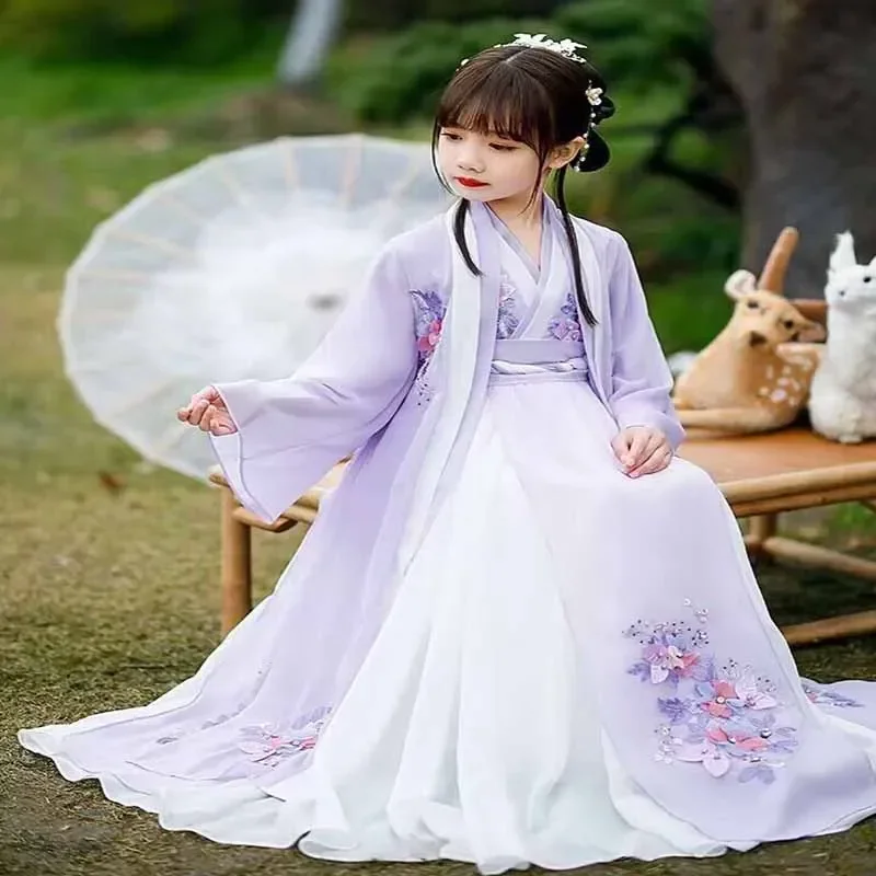 Sukienka Hanfu Dziewczynki Dzieci Kostium Nowy Rok Chiński Starożytny Karnawał Kostium Cosplay Fioletowa Sukienka Hanfu Dzieci Niemowlęta 3T -16T