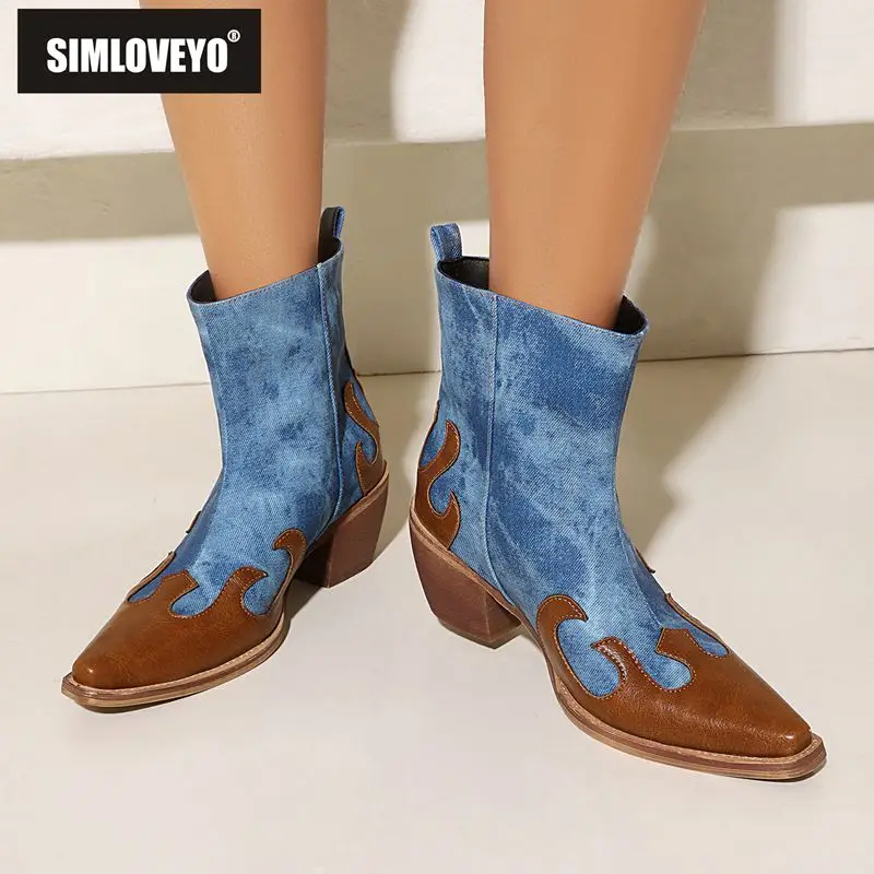 

SIMLOVEYO Брендовые ковбойские ботильоны с квадратным носком 5,5 см, блочный каблук без шнуровки, разноцветные, оверсайз 40, 41, 42, 43 Комфорт