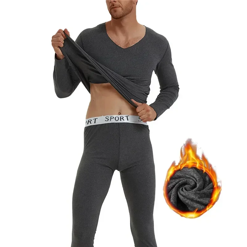 

Long Male Warm Thin Fleece Shirt Thermal Johns Set Winter Bottoming Tops Seamless Men Underwear V-neck