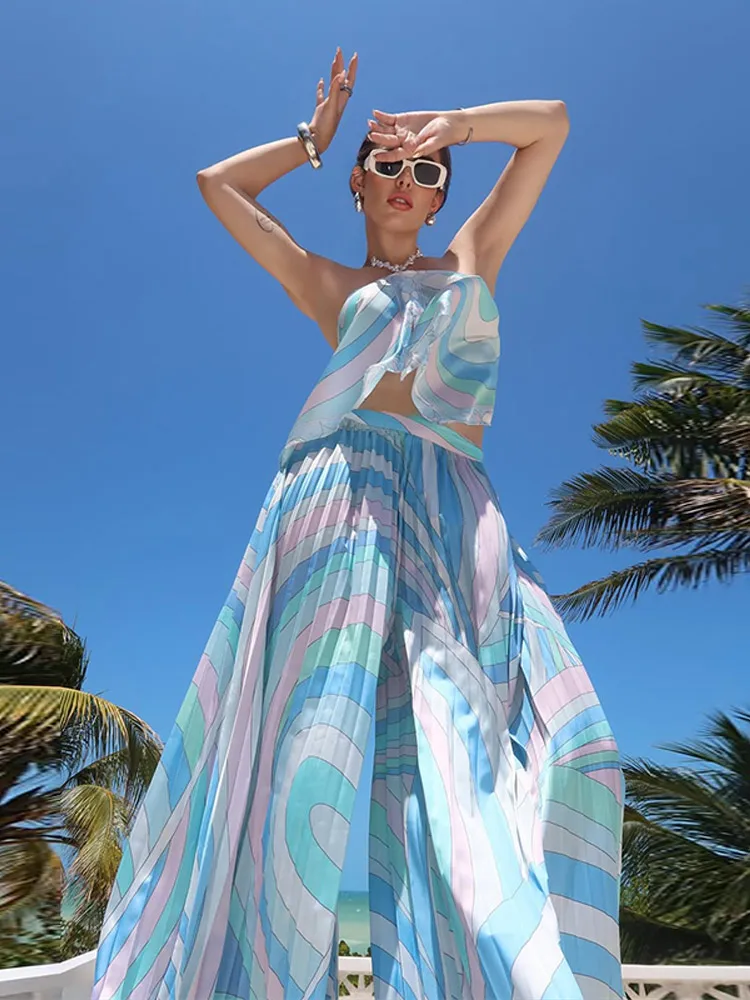 Bedruckte Neckholder-Crop-Tops und Weite Hosen Sets für Damen, Sexy Ärmellose Rückenfreie Oberteile, Plissierte Hosen, Schicke Strandmode, Neu – Detail 4