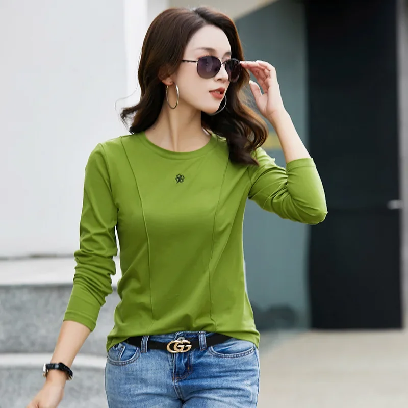 New Spring and Autumn Ladies Long-sleeved T-shirt Bottoming Shirt Big Yards Women\'s Stretchy Inner Women\'s T-shirt Tops